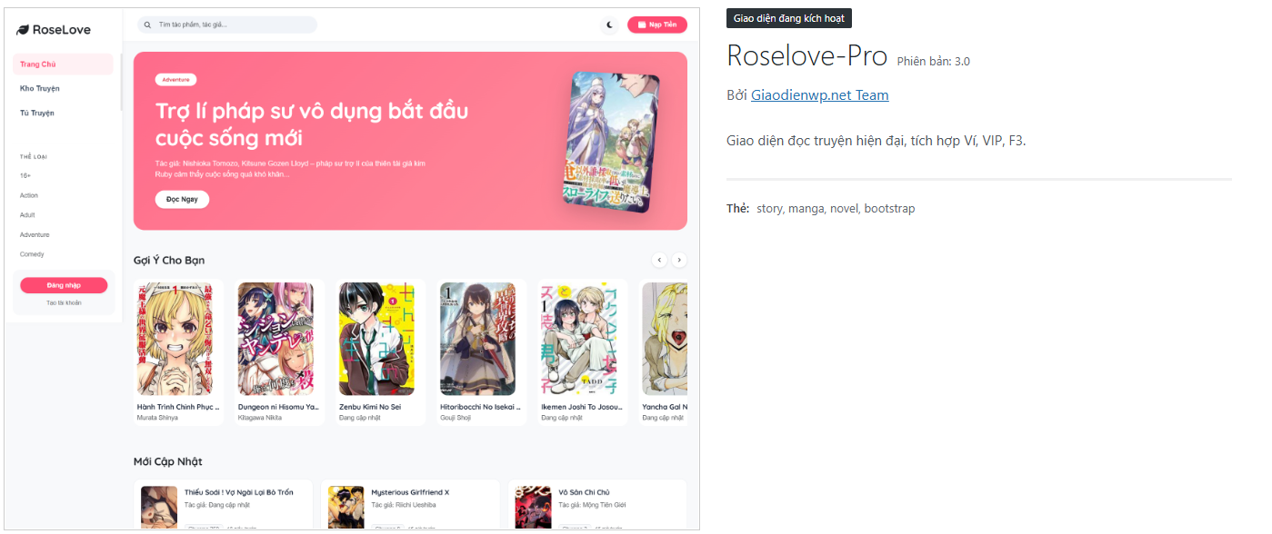 Theme Roselove Pro – Theme WordPress Đọc Truyện (All-in-One)