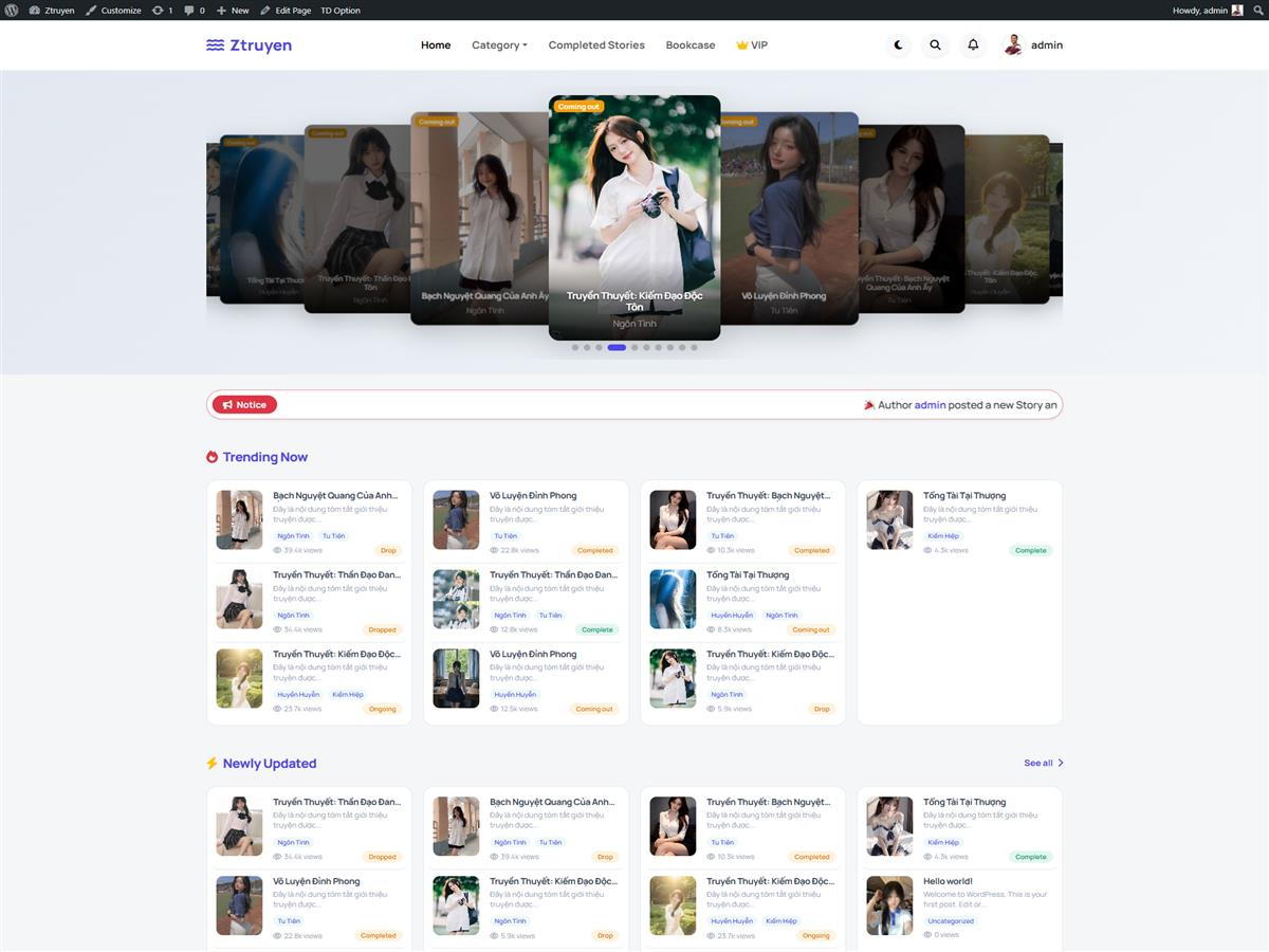 Mua Theme Truyện WordPress Premium – Giao Diện Ztruyen Tích Hợp VIP, Ví Tiền, Nạp Auto IMAP & MMO Đỉnh Cao